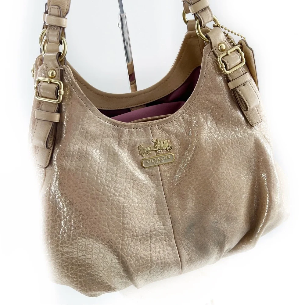 Coach Madison Embossed Gold/Tan Metallic Leather Maggie Shoulder Bag Satchel